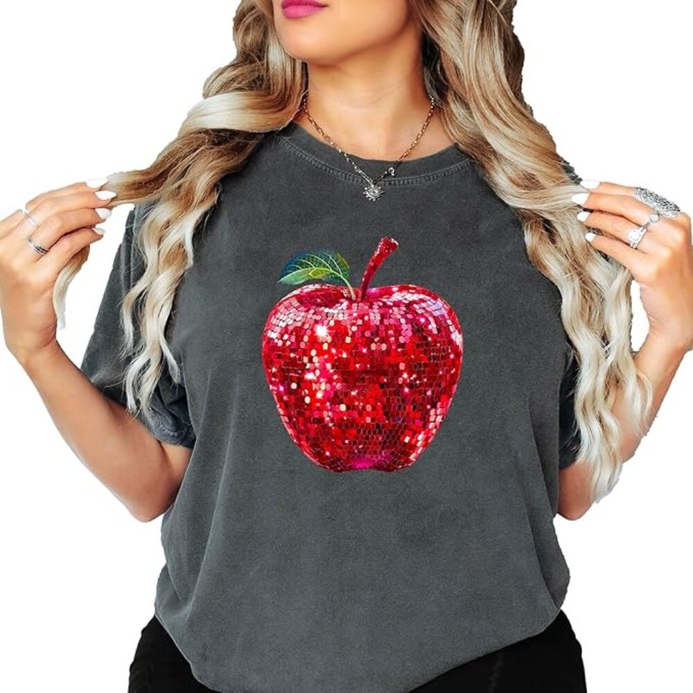 Slate Grey Disco Apple Graphic T-Shirt | Red Glitter Apple Tee